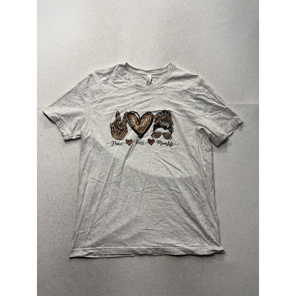 Bella + Canvas Shirt Womens Large Gray Peace Love Momlife Graphic Tee Leopard